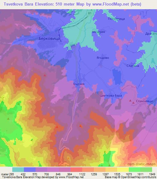 Tsvetkova Bara,Bulgaria Elevation Map