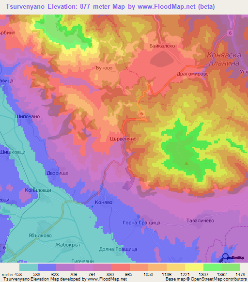 Tsurvenyano,Bulgaria Elevation Map