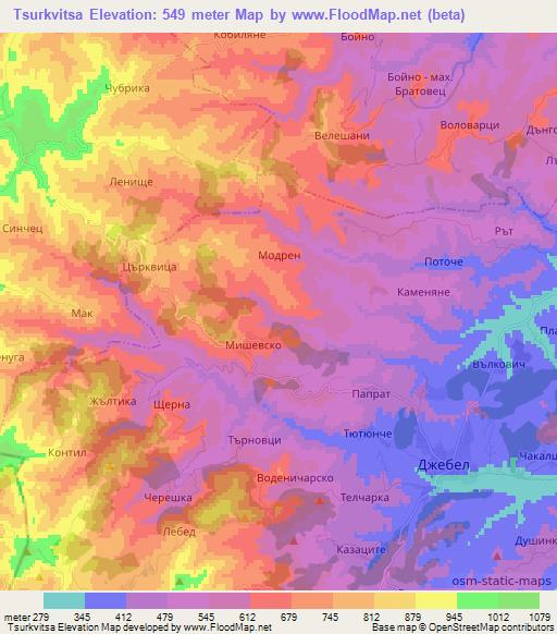 Tsurkvitsa,Bulgaria Elevation Map