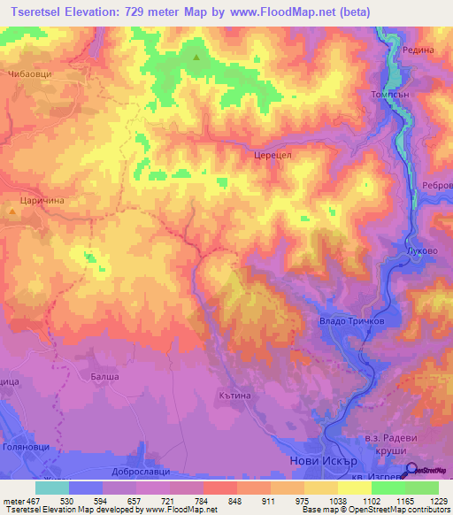 Tseretsel,Bulgaria Elevation Map