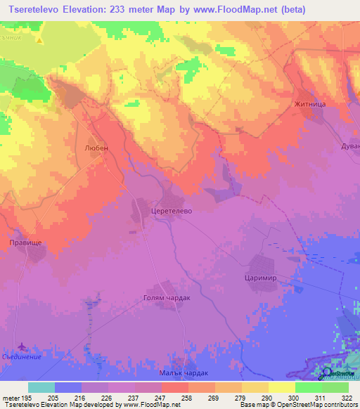 Tseretelevo,Bulgaria Elevation Map