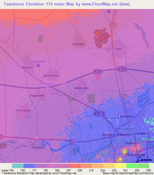 Tsaratsovo,Bulgaria Elevation Map