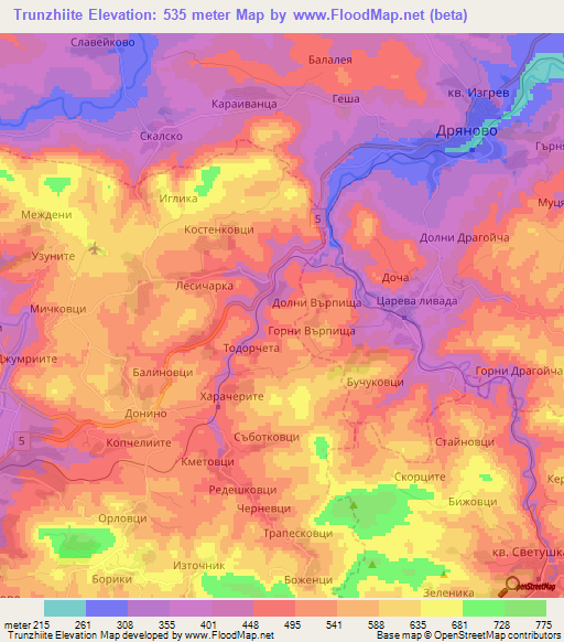 Trunzhiite,Bulgaria Elevation Map