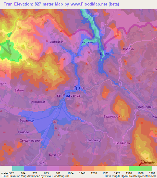 Trun,Bulgaria Elevation Map
