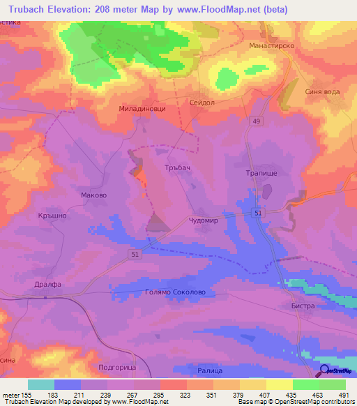 Trubach,Bulgaria Elevation Map