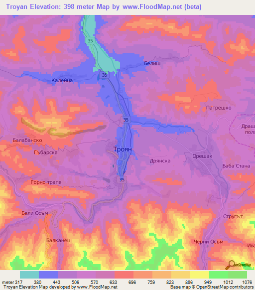 Troyan,Bulgaria Elevation Map