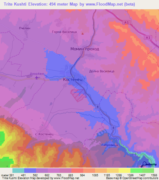Trite Kushti,Bulgaria Elevation Map