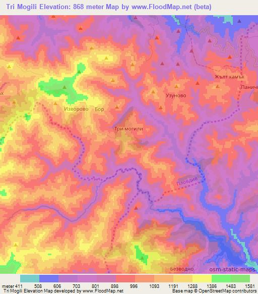 Tri Mogili,Bulgaria Elevation Map