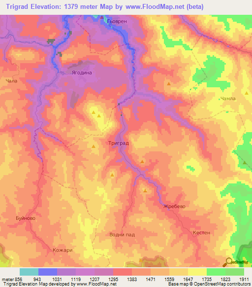 Trigrad,Bulgaria Elevation Map