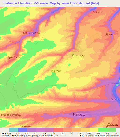 Toshevtsi,Bulgaria Elevation Map