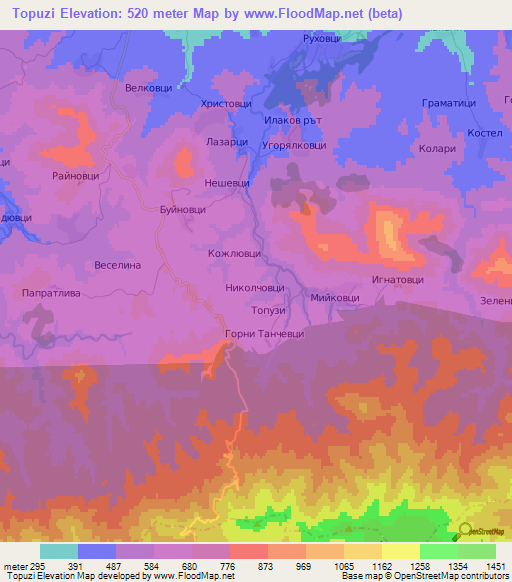 Topuzi,Bulgaria Elevation Map