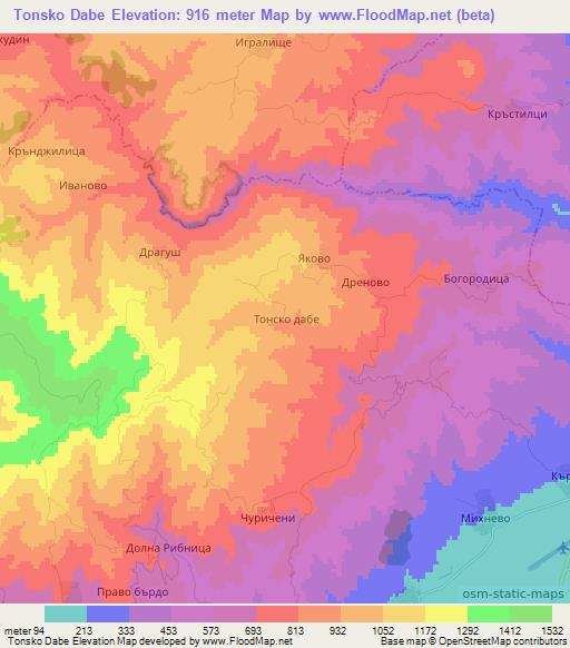 Tonsko Dabe,Bulgaria Elevation Map