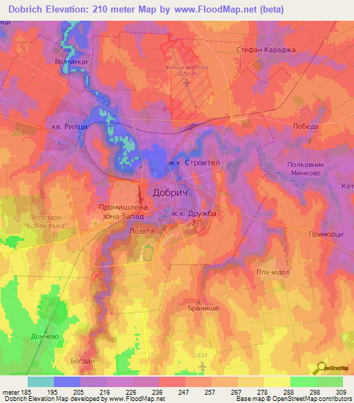 Dobrich,Bulgaria Elevation Map