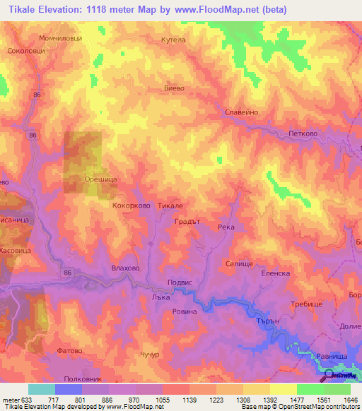 Tikale,Bulgaria Elevation Map