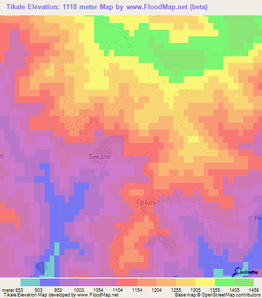 Tikale,Bulgaria Elevation Map