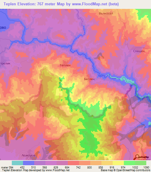 Teplen,Bulgaria Elevation Map