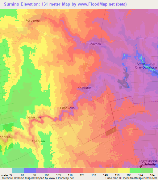 Surnino,Bulgaria Elevation Map