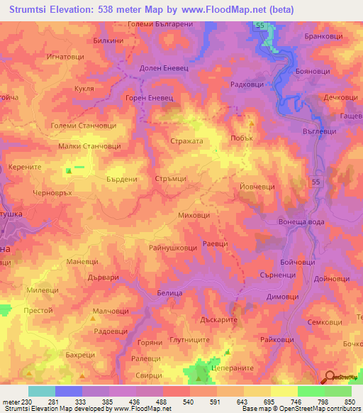 Strumtsi,Bulgaria Elevation Map