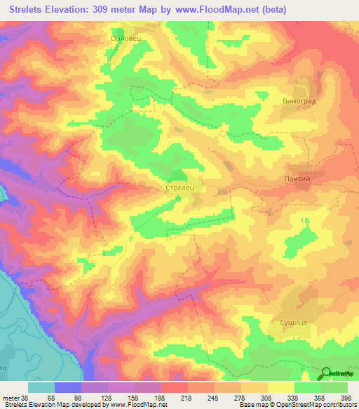Strelets,Bulgaria Elevation Map