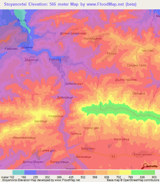 Stoyanovtsi,Bulgaria Elevation Map