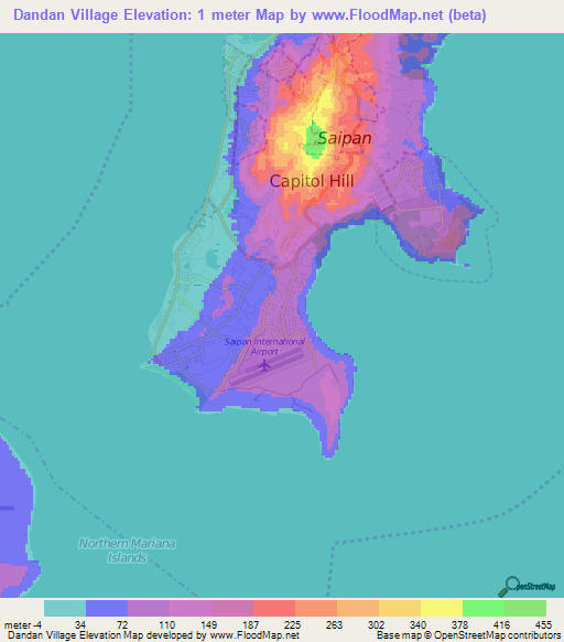 Dandan Village,Northern Mariana Islands Elevation Map