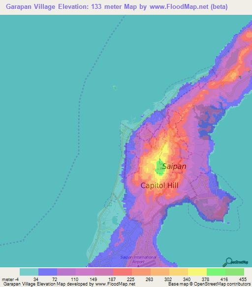 Garapan Village,Northern Mariana Islands Elevation Map