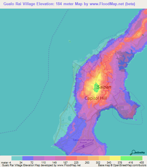 Gualo Rai Village,Northern Mariana Islands Elevation Map
