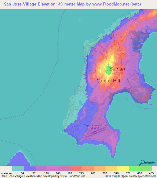 San Jose Village,Northern Mariana Islands Elevation Map