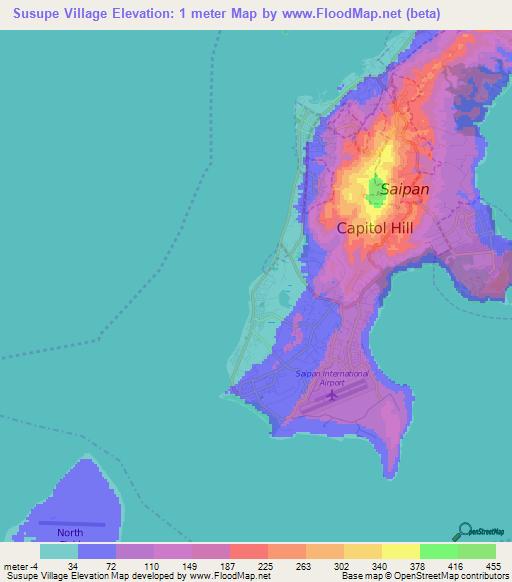 Susupe Village,Northern Mariana Islands Elevation Map
