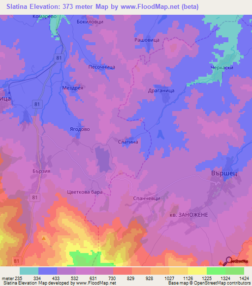 Slatina,Bulgaria Elevation Map