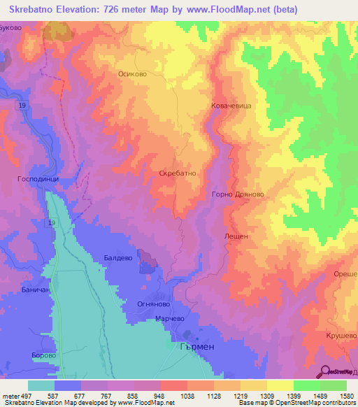 Skrebatno,Bulgaria Elevation Map