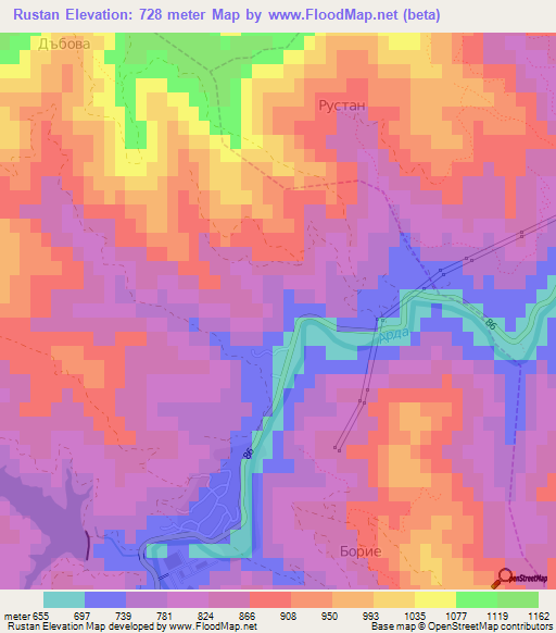 Rustan,Bulgaria Elevation Map