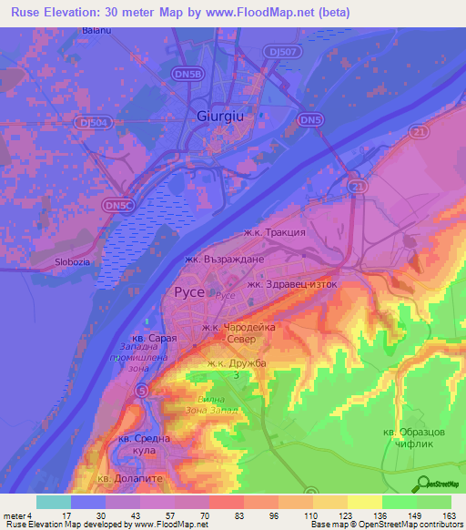 Ruse,Bulgaria Elevation Map