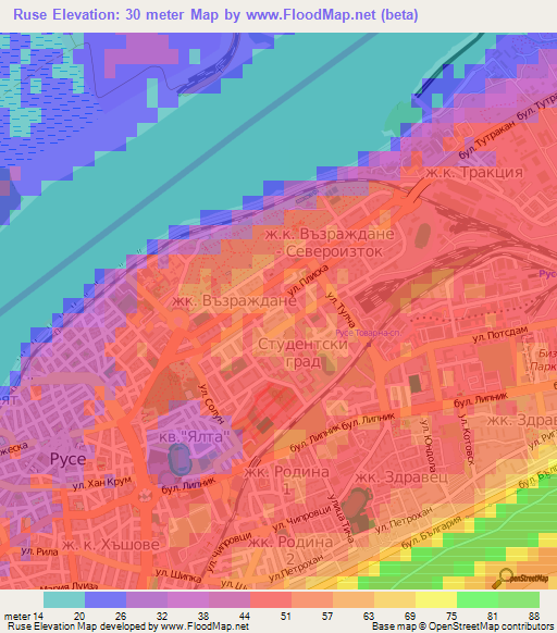 Ruse,Bulgaria Elevation Map