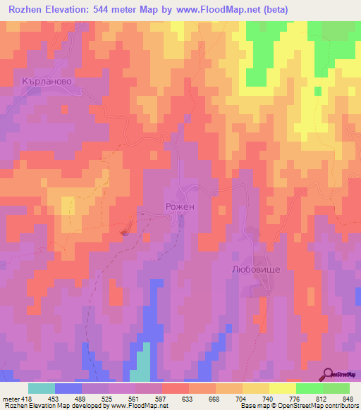 Rozhen,Bulgaria Elevation Map