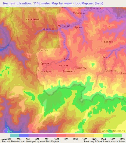 Rechani,Bulgaria Elevation Map