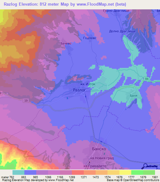 Razlog,Bulgaria Elevation Map