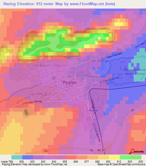 Razlog,Bulgaria Elevation Map