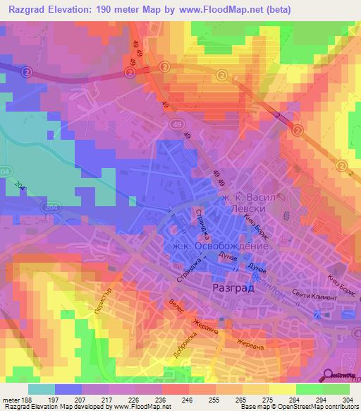 Razgrad,Bulgaria Elevation Map