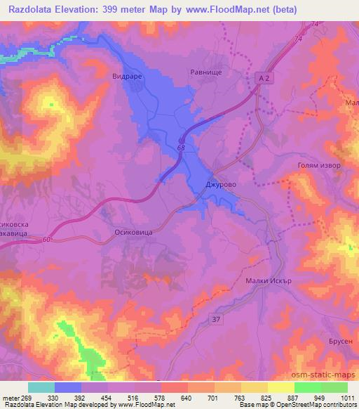 Razdolata,Bulgaria Elevation Map