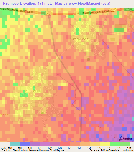 Radinovo,Bulgaria Elevation Map