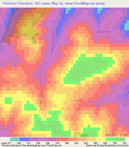 Ptichevo,Bulgaria Elevation Map