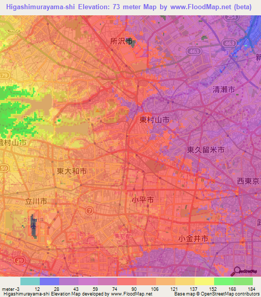 Higashimurayama-shi,Japan Elevation Map