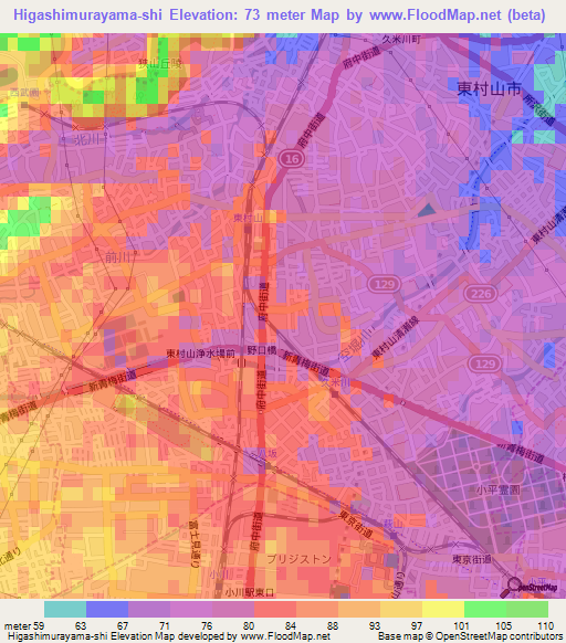Higashimurayama-shi,Japan Elevation Map