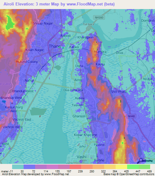 Airoli,India Elevation Map
