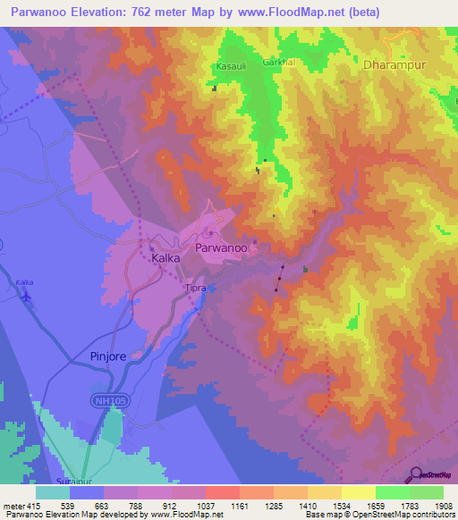 Parwanoo,India Elevation Map
