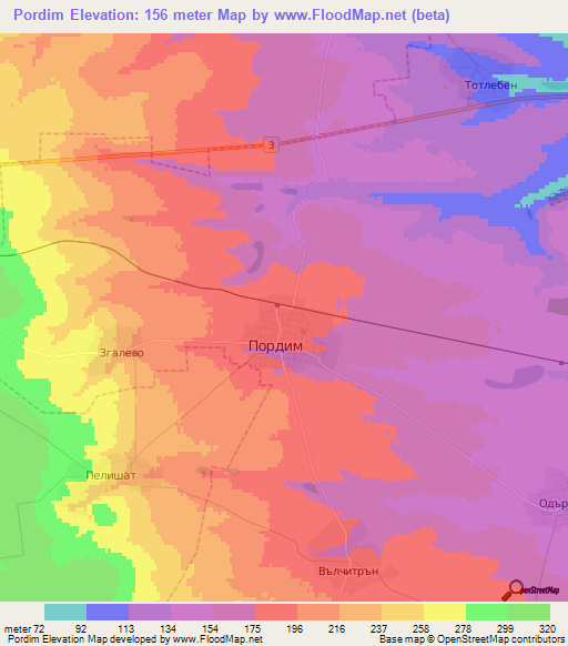 Pordim,Bulgaria Elevation Map