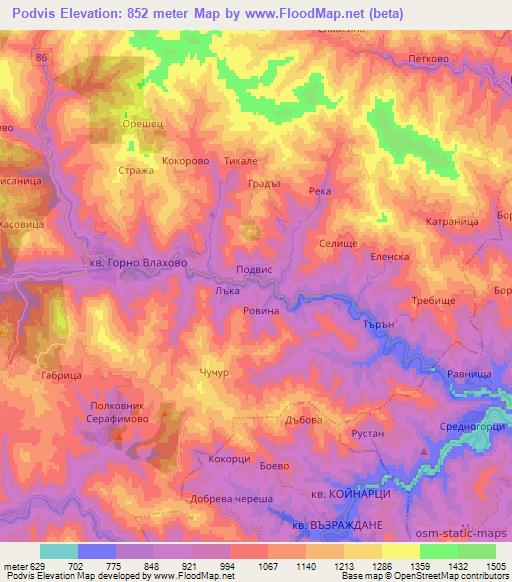 Podvis,Bulgaria Elevation Map