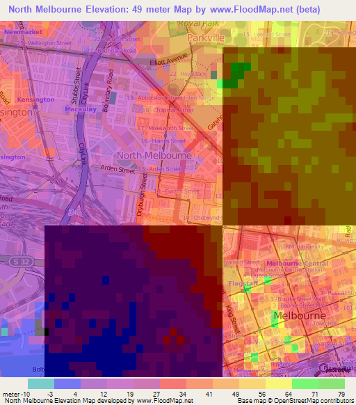 North Melbourne,Australia Elevation Map