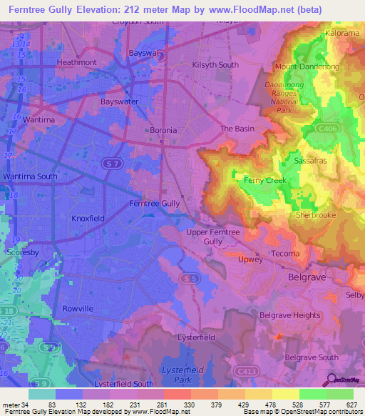 Ferntree Gully,Australia Elevation Map